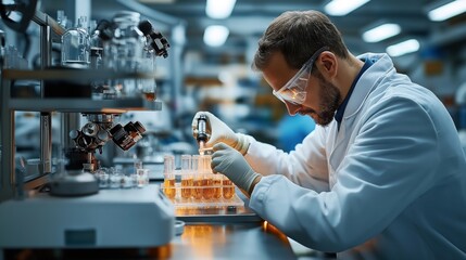 Scientist in laboratory conducting research with test tubes and microscope, wearing lab coat and safety goggles, focused on experiment in high-tech environment.