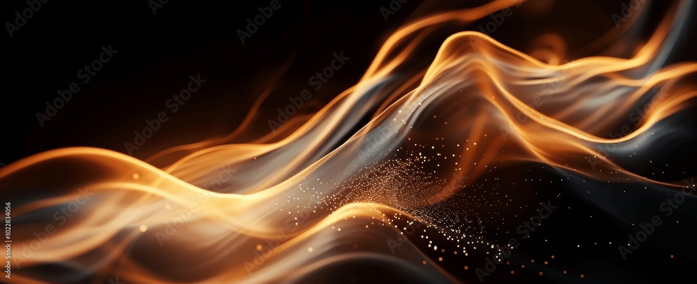 Poster elegant golden waves on black abstract 3d background with flowing lines and blurred edges