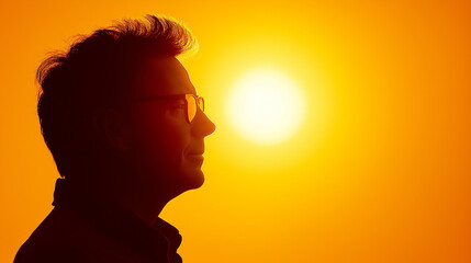 Thoughtful man silhouette against a glowing sunset background with copy space
