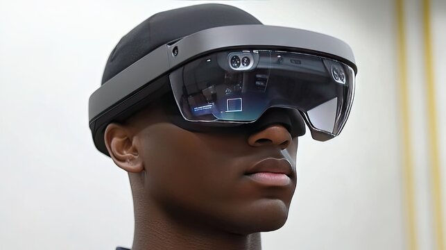 Augmented reality technology in a warehouse, showing a worker using AR glasses to identify and pick packages for delivery.