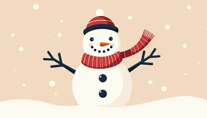 Snowman with Red Scarf and Hat in Snowy Cartoon Scene