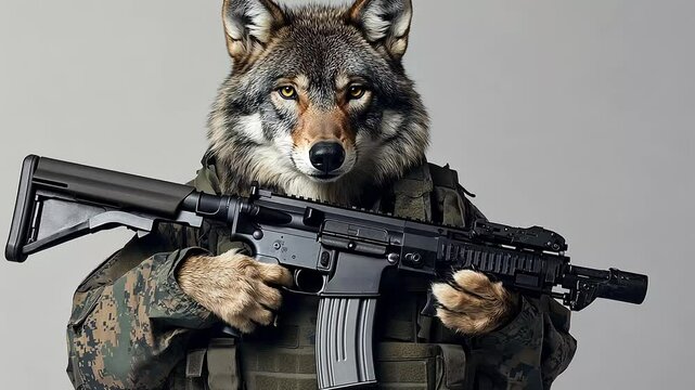A wolf with a serious expression is shown wearing camouflage clothing, holding an assault rifle with both paws, ready for action.