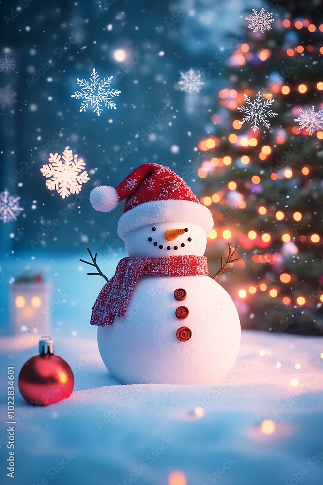 Poster new year's plot with a snowman, large snowflakes, a christmas : generative ai