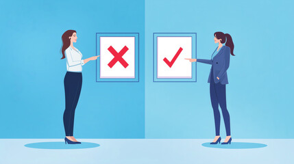 Business decision-making concept with correct and incorrect choice depicted by illustrative characters