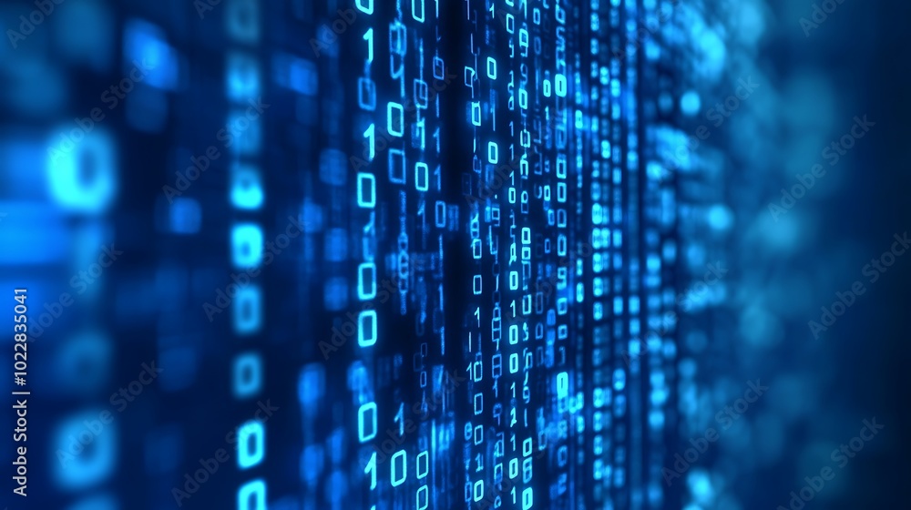 Poster animated binary text cascading down a deep blue-green backdrop.
