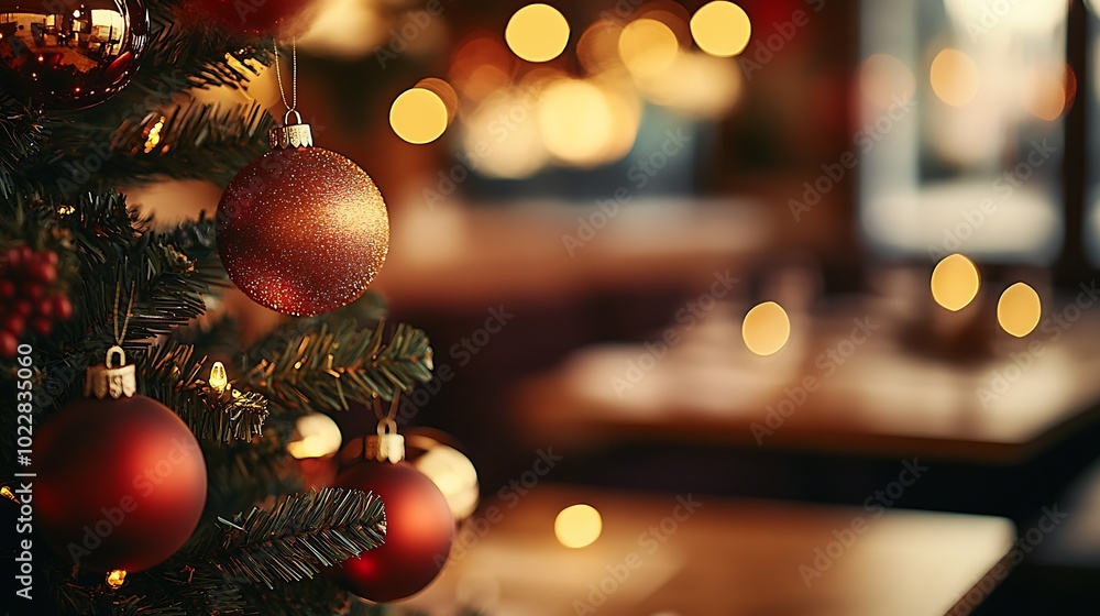 Aufkleber christmas tree with red and golden ornaments in front of a blurred background : generative ai