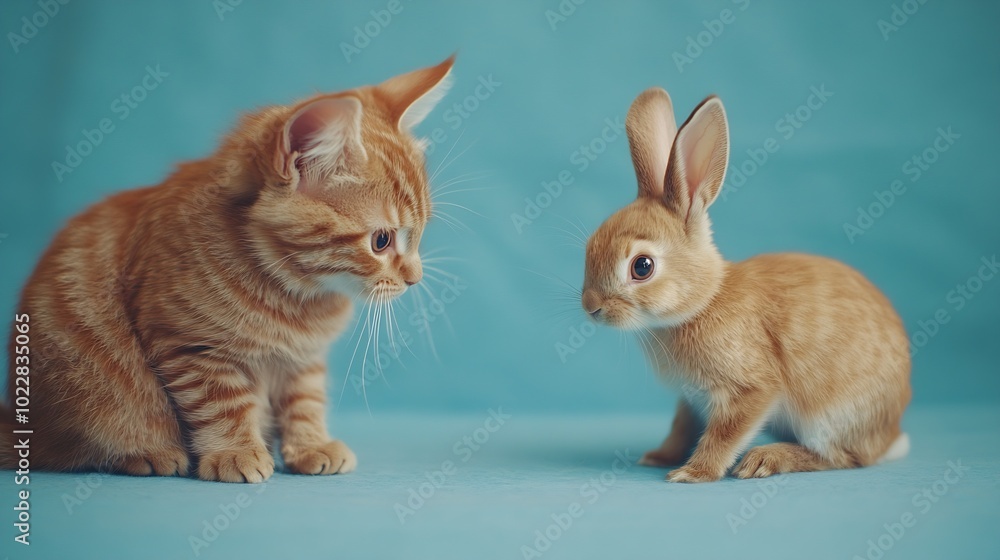 Poster ginger cat and rabbit playing together happy red pets isolated on blue : generative ai