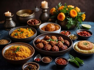 Eid holiday iftar table for Ramadan family dinner and Breaking Fast for Arabic Middle Eastern traditional cuisine. Arabic cuisine spread for family iftar