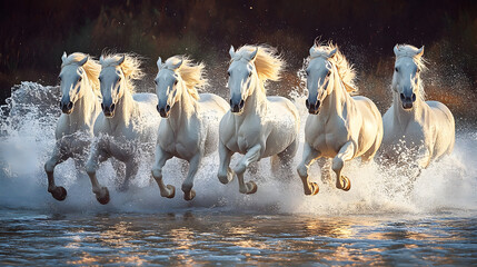 Seven running white horses wall painting mountain morning view background. Majestic and powerful scene with splashing effects. Wallpaper concept.