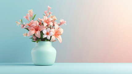 Pink Lily Bouquet in Blue Vase on Light Blue Background