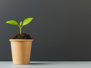 Small green plant sprouting from a brown pot against a dark background.
