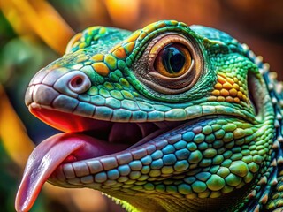 Fototapeta premium Unique close-up of a reptile showcasing an extraordinary tongue splitting for captivating wildlife photography