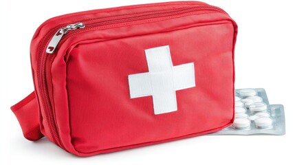 Brightly colored first aid kit bag, isolated on a white background, ideal for health and emergency services imagery.