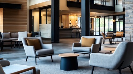 Fototapeta premium Modern hotel lobby with comfortable seating, contemporary furniture, and a reception desk in the background, well-lit with natural and artificial light sources.