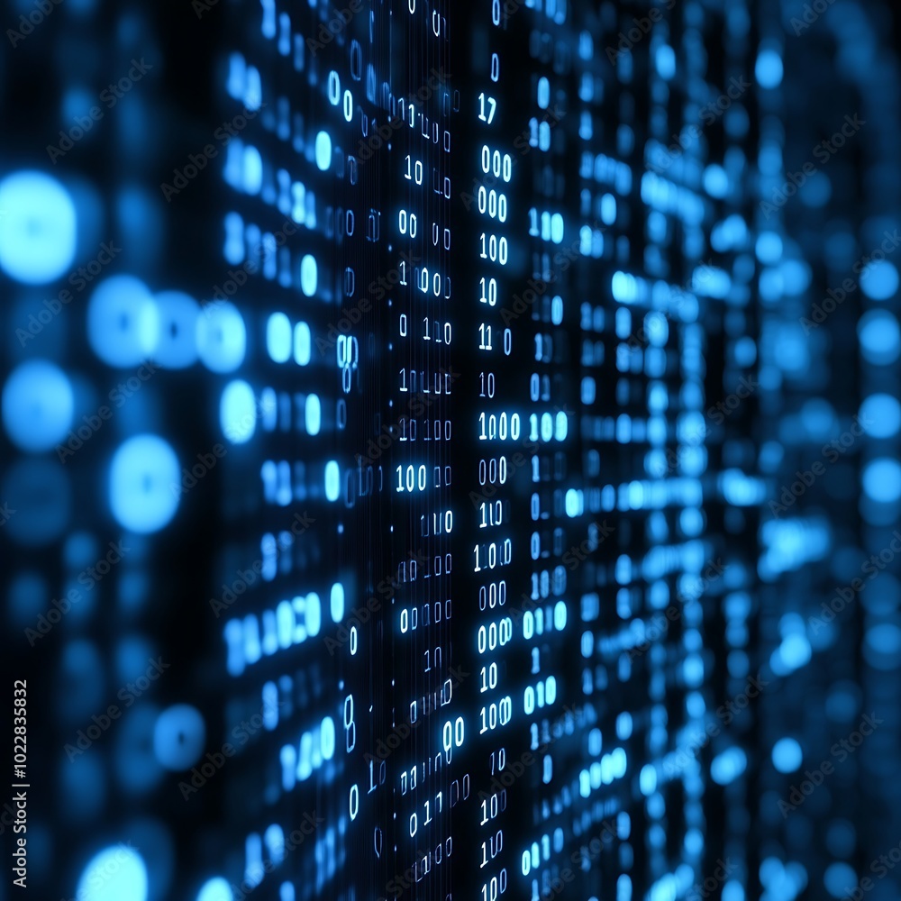 Poster fluid binary code background moving gracefully on dark blue-green surface.