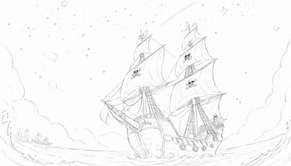 illustration of pirates ship in the middle of ocean