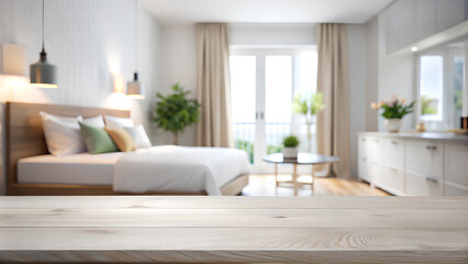 Empty white table top blurred of bedroom background