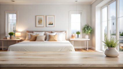 Empty white table top blurred nice cozy and bright bedroom background