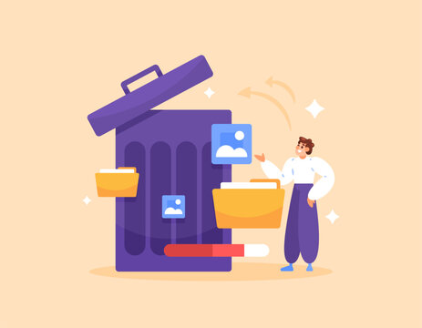 delete file concept. clean junk files, cache, images or photos, folders. remove useless data. cleaning application or software. illustration of a man next to a large trash can. flat style design
