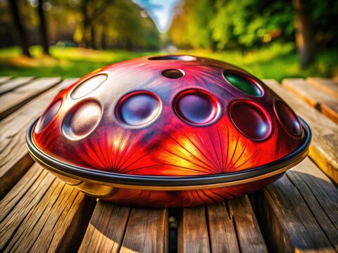 Unique Hangdrum Musical Instrument with Beautiful Design and Rich Sound on a Natural Wooden Surface