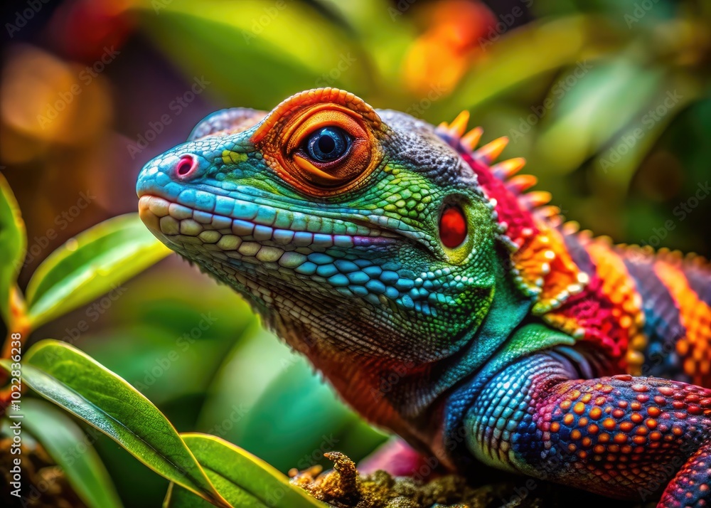 Poster unique lizard mutant with vibrant colors and intricate patterns in natural habitat environment