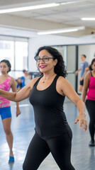 A middle-aged Latina woman joyfully teaches a dance class, encouraging students with her energetic movements and vibrant smile