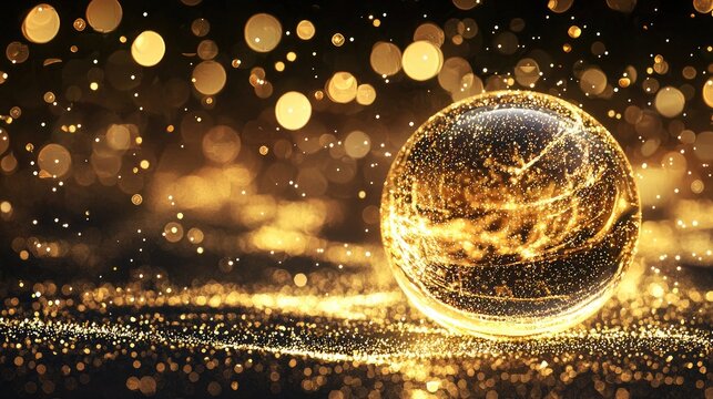 Close-up image of a spherical golden essence droplet with an outer shell made up of millions of glowing nano-particles. These luminous particles 