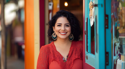 A latina business owner smiles warmly while standing by a colorful storefront, exuding confidence and joy in her vibrant surroundings
