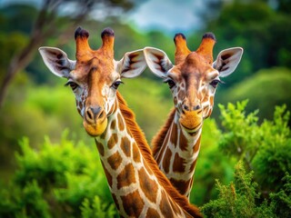 Obraz premium Unique Two-Headed Giraffe in Natural Habitat Captivating View of Rare Animal with Exotic Features