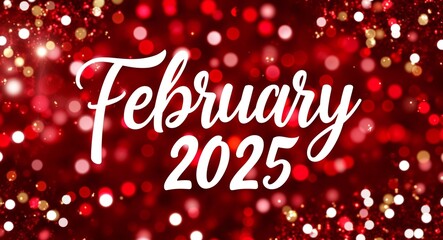february 2025 calligraphic lettering on red bokeh glitter festive sparkles background
