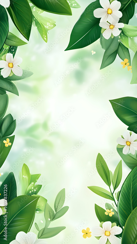 Poster fresh green leaves frame a serene background with delicate white flowers, creating a calming and vib