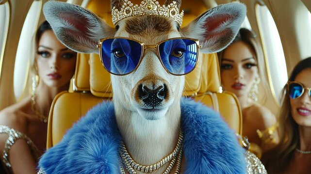 Quirky dog in sunglasses and fur coat with glamorous women in car, humorous pet fashion for social media content. Luxury lifestyle parody and animal anthropomorphism for viral marketing concept