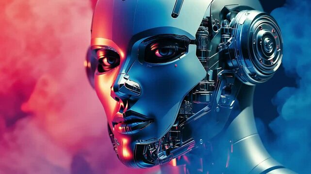 Close up of a robotic female face with exposed wires and gears. The face is partially obscured by swirling pink and blue smoke.