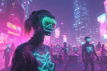 Fototapeta premium Augmented Reality Halloween Experience: Crowded Rooftop Party in Futuristic Cityscape with Guests Wearing AR Glasses Projecting Holographic Halloween Costumes