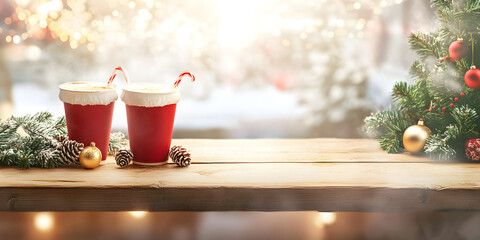 Warm drinks in festive red cups sit on a wooden table surrounded by pine branches and holiday ornaments creating a cozy Christmas atmosphere