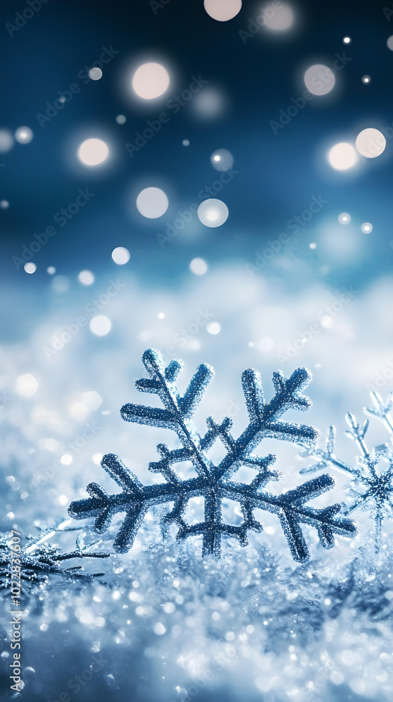 Aufkleber winter-themed scene featuring a frosty blue snowflake surrounded by sparkling white snow and a soft 