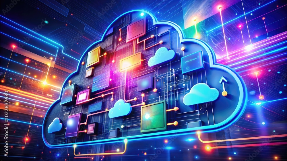 Poster uploading data to the cloud: digital storage and technology integration concept illustration