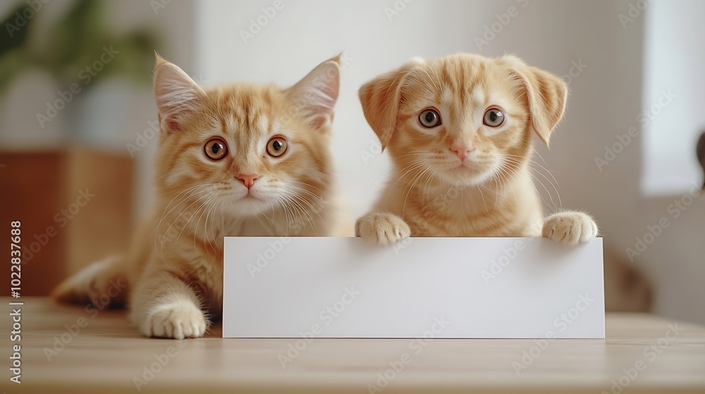 Poster pets store concept puppy dog and pet cat together showing a placard display isolated on white backgr
