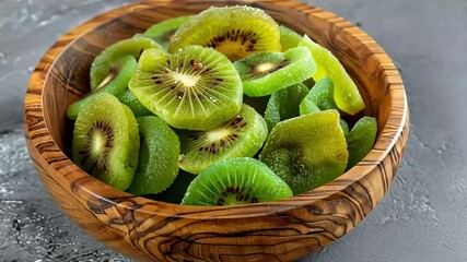 Close-up of dried kiwi slices in a wooden bowl.