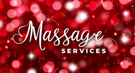 Massage services calligraphic lettering on red bokeh glitter festive sparkles background