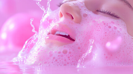 Fototapeta premium Woman's Face Covered in Pink Foam with Moisturizing Face Soap