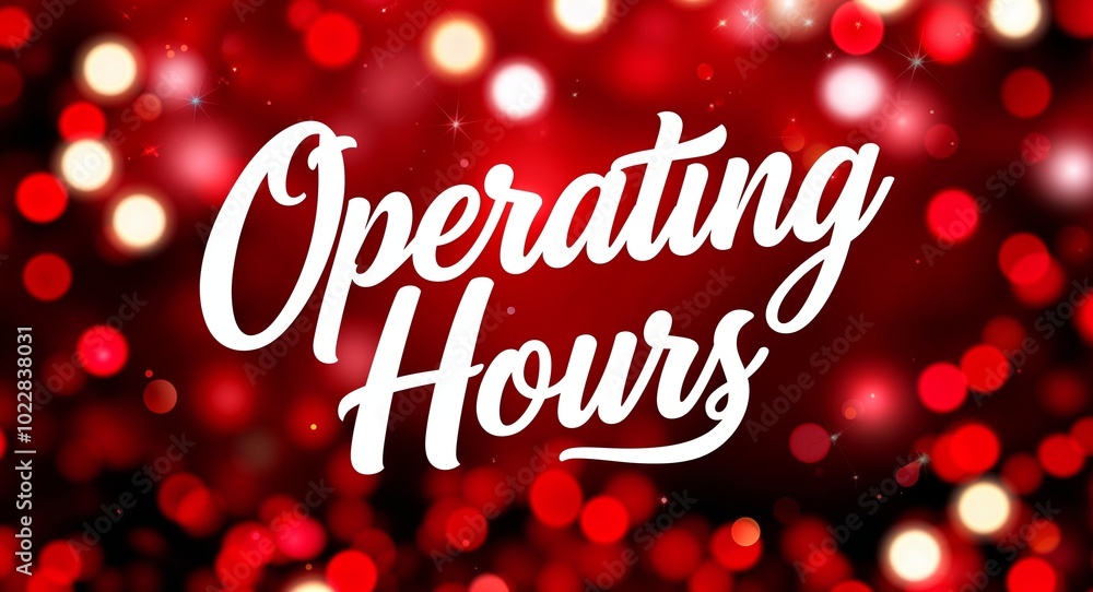 Poster operating hours calligraphic lettering on red bokeh glitter festive sparkles background