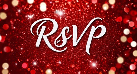 rsvp calligraphic lettering on red bokeh glitter festive sparkles background