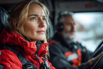 An ambulance driver communicating with a doctor via radio, inside the vehicle, coordinating patient care, reflecting teamwork. Generative AI