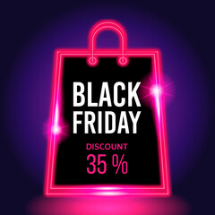 Black Friday neon banner sale. Black Friday neon background with 35 percent discount. Modern neon gift bag design. Vector illustration or shopping advertisement, retail sales and advertising campaign