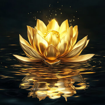 Golden lotus flower blooming on a dark water surface, glowing with light, spiritual and elegant.