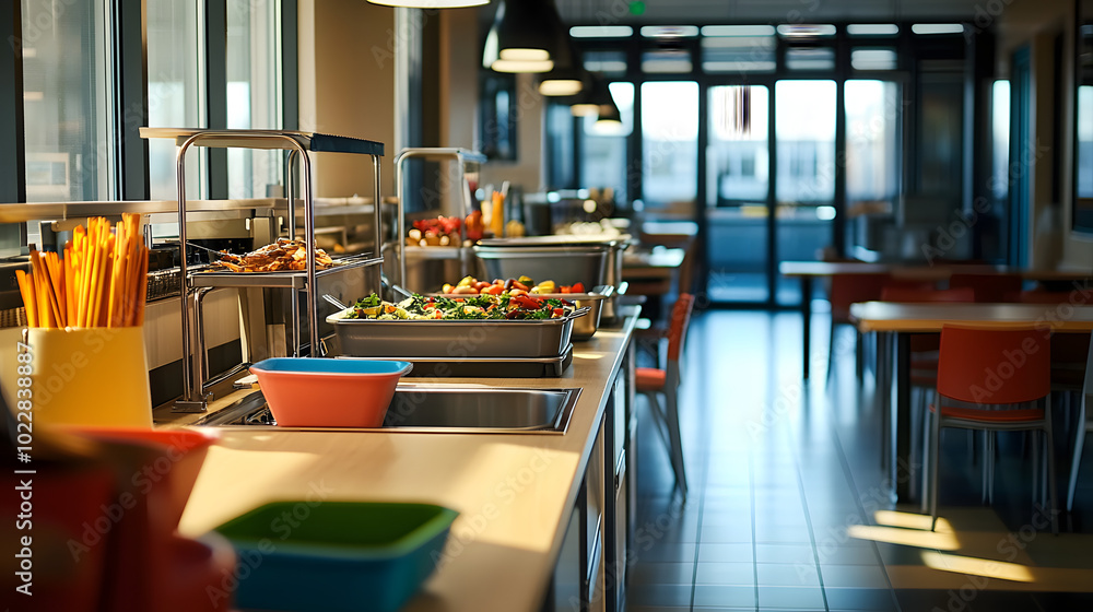 Poster exploring workplace cafeterias: a guide to menu options and dining environments