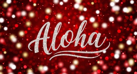 aloha calligraphic lettering on red bokeh glitter festive sparkles background