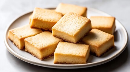 A plate of square shortbread cookies with a golden brown crust. The cookies are stacked neatly on a white plate, showcasing their crumbly texture.