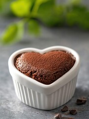 A velvety chocolate souffl&eacute; elegantly served in a heart-shaped ramekin, creating a romantic dessert presentation. 